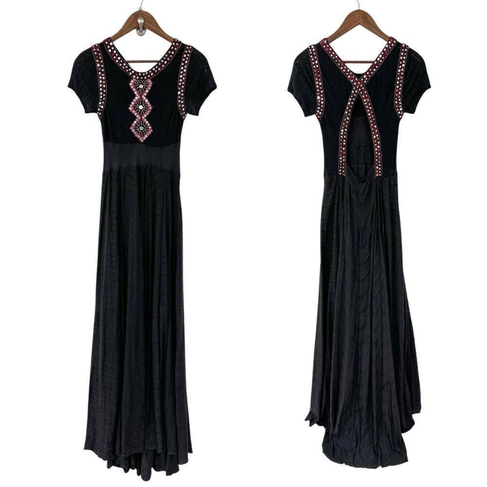 Free People Maxi Dress Black Lace Embellished Festival Size Extra Small